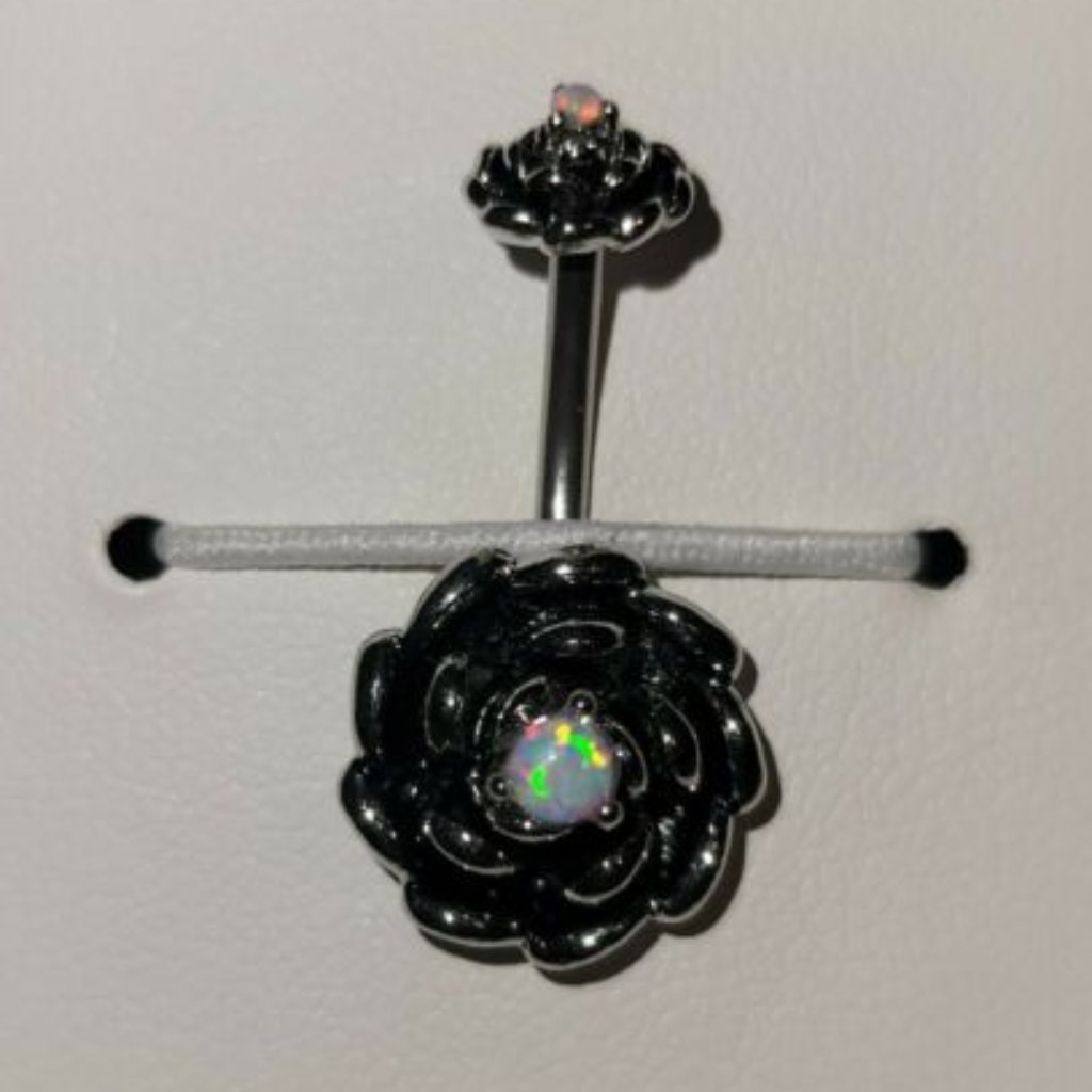 Antique Silver Plated Opal Center Rose Internally Threaded Belly Button White